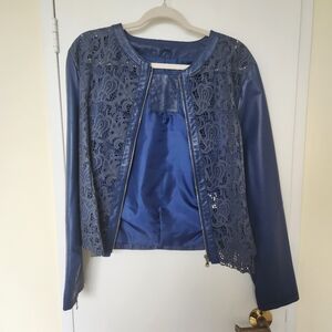 D Collezioni Blue Leather Jacket Paisley Laser Cut